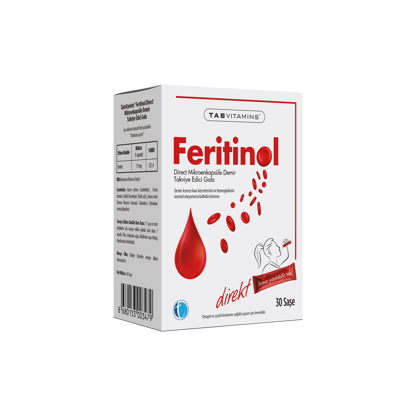 TABVITAMINS Feritinol Feritinol Direct Mikroenkapsüle Demir Takviye Edici Gıda 30 Şase