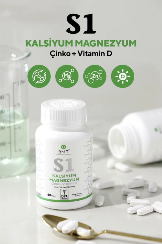 BMT S1 Kalsiyum, Magnezyum, Çinko, Vitamin D Takviye Edici Gıda 60 Tablet