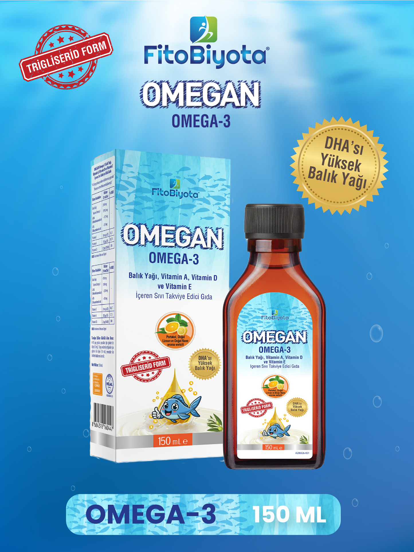 OMEGAN Omega-3 Balık Yağı, Vitamin A, Vitamin D ve Vitamin E İçeren Sıvı Takviye Edici Gıda