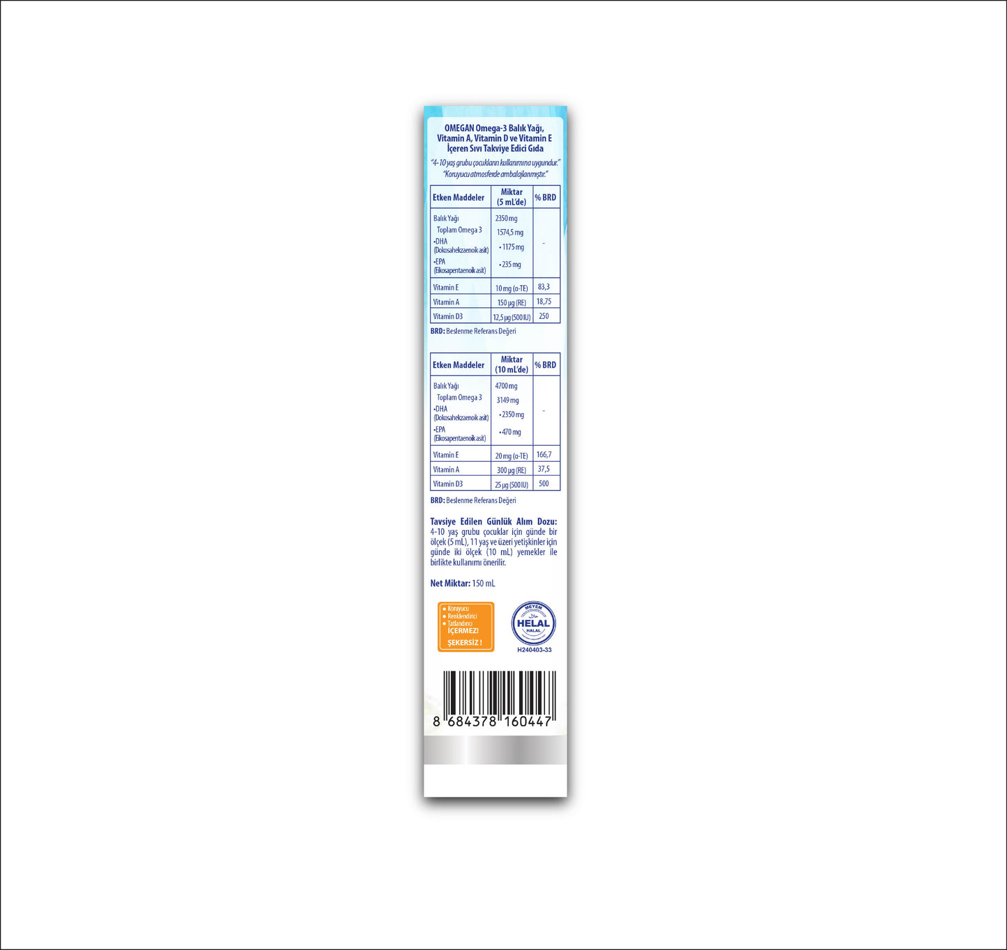 OMEGAN Omega-3 Balık Yağı, Vitamin A, Vitamin D ve Vitamin E İçeren Sıvı Takviye Edici Gıda