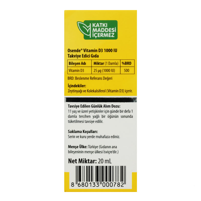 Osende D3 1000 IU Damla Vitamin D3 Takviye Edici Gıda 20 mL