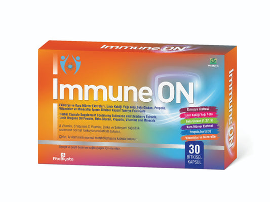 Immune ON Ekinezya ve Kara Mürver Ekstreleri, İzmir Kekiği Yağı Tozu, Beta Glukan, Propolis, Vitaminler ve Mineraller İçeren 30 Bitkisel Kapsül Takviye Edici Gıda