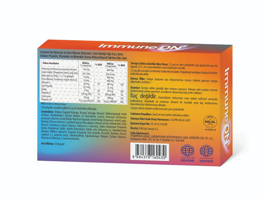 Immune ON Ekinezya ve Kara Mürver Ekstreleri, İzmir Kekiği Yağı Tozu, Beta Glukan, Propolis, Vitaminler ve Mineraller İçeren 30 Bitkisel Kapsül Takviye Edici Gıda
