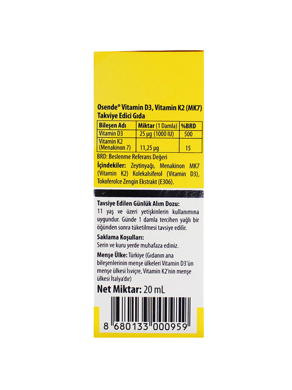 Osende D3K2 Damla Vitamin D3 ve Vitamin K2 (MK7) İçeren Takviye Edici Gıda 20 mL