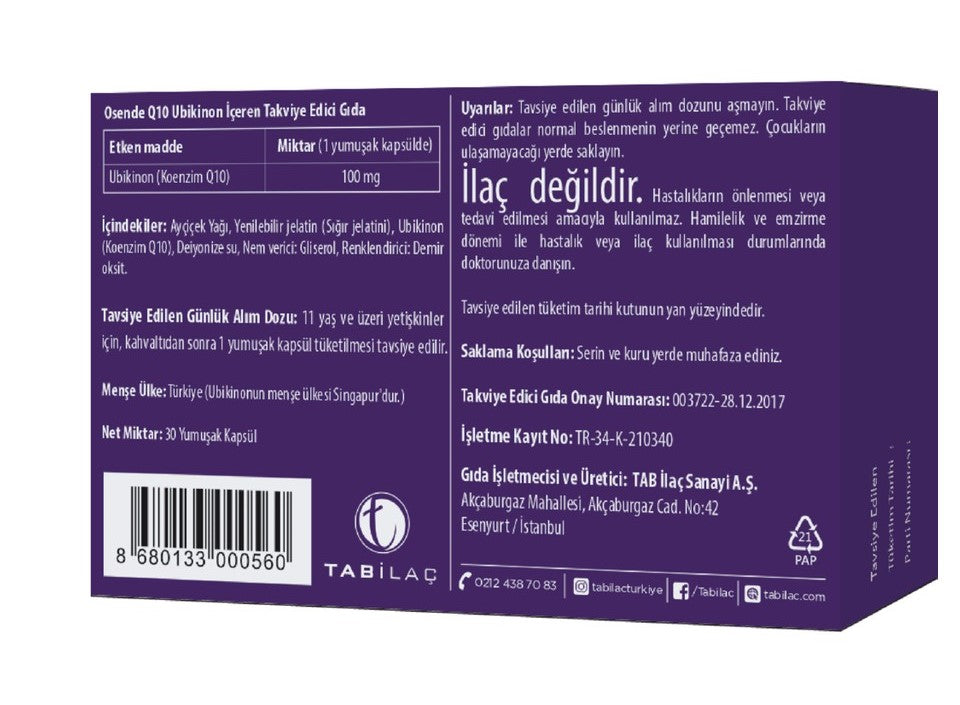 Osende Q10 Ubikinon İçeren Takviye Edici Gıda 30 Kapsül